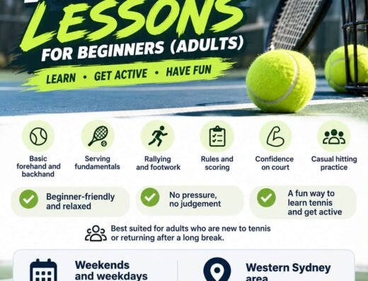 Promotional graphic for Cholo’s beginner adult tennis sessions in Western Sydney