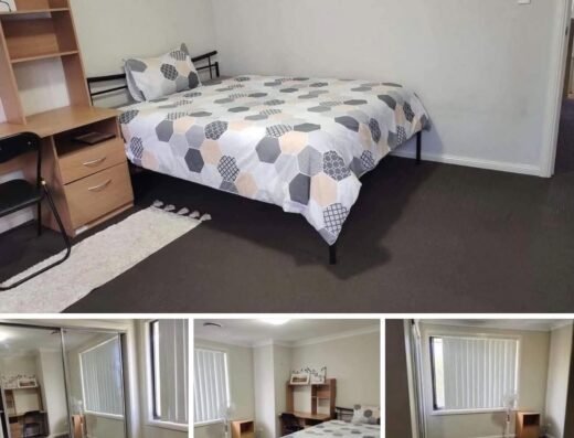 Furnished Seven Hills bedroom with bed, wardrobe and study furniture